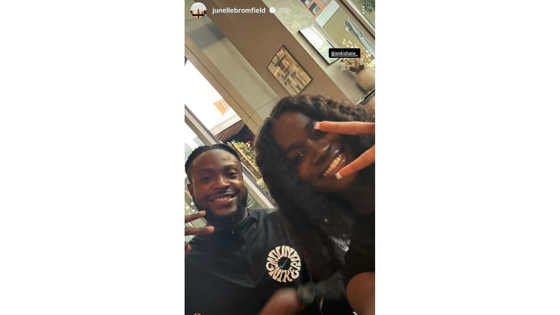Kishane Thompson with Lyles' fiancée and Jamaican athlete Bromfield (image via: @junellebromfield)